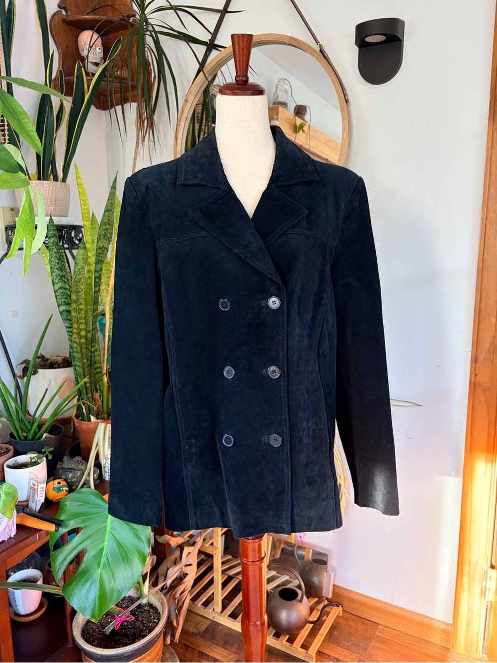 VTG 90s Black Suede Double Breasted‎ Peacoat Jacket L Grunge Goth Cyber
